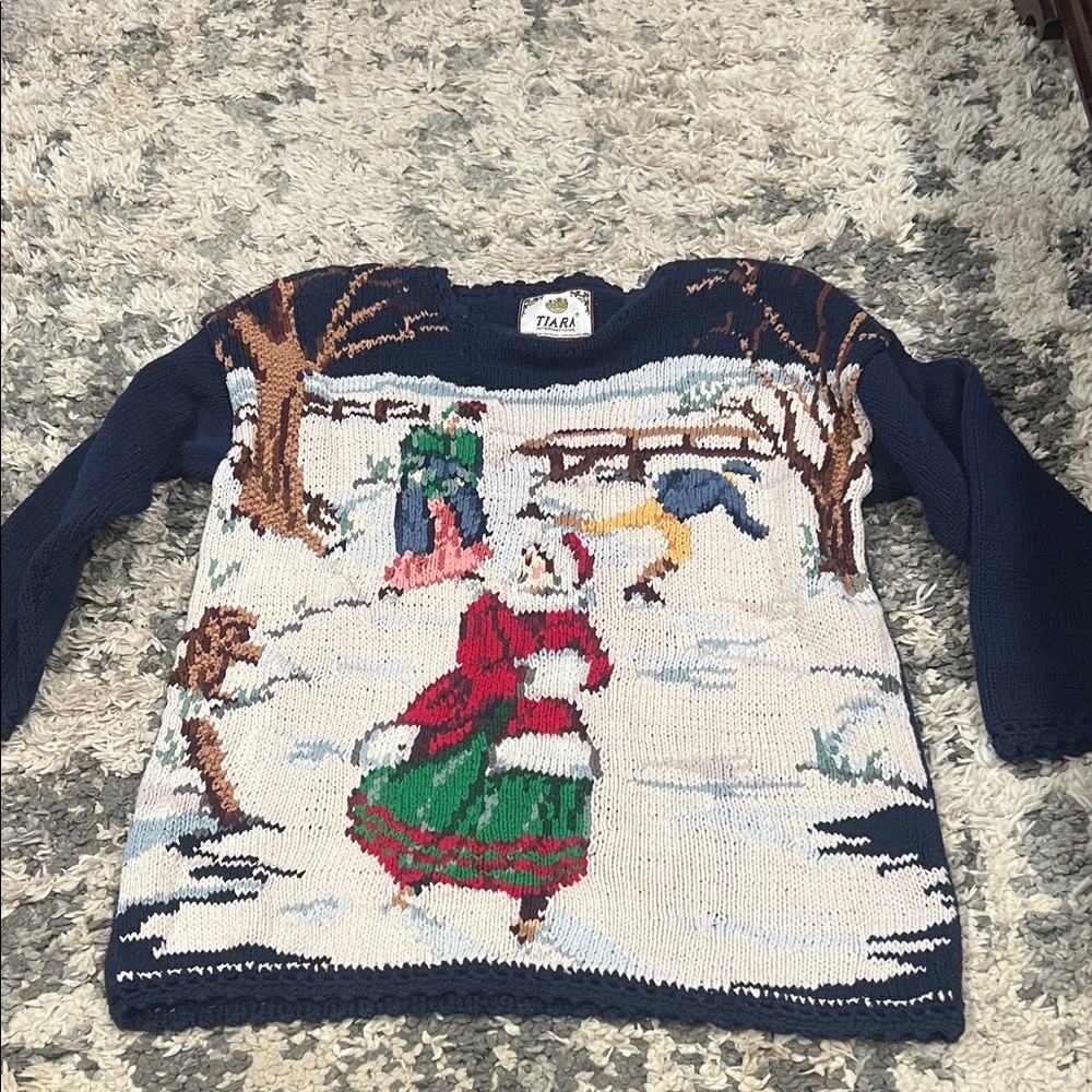 Vintage Tiara  International Festive Winter Scene Sweater - Navy and Multicolor